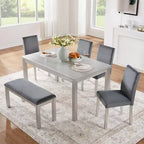 6 Piece Wooden Dining Table with 4 Upholstered Chairs and Bench for 6 People, Rectangular Dining Table Set with Crystal Decoration