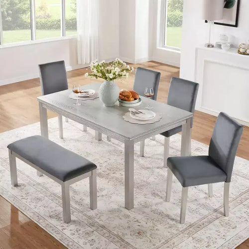 6 Piece Wooden Dining Table with 4 Upholstered Chairs and Bench for 6 People, Rectangular Dining Table Set with Crystal Decoration