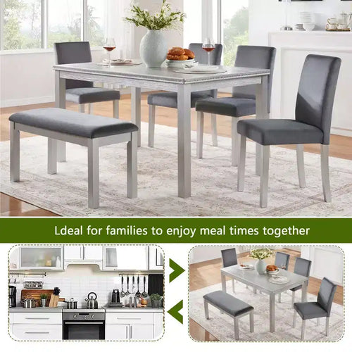 Table à Manger en Bois 6 Pièces avec 4 Chaises Rembourrées et un Banc pour 6 Personnes, Ensemble de Table à Manger Rectangulaire avec Décoration en Cristal