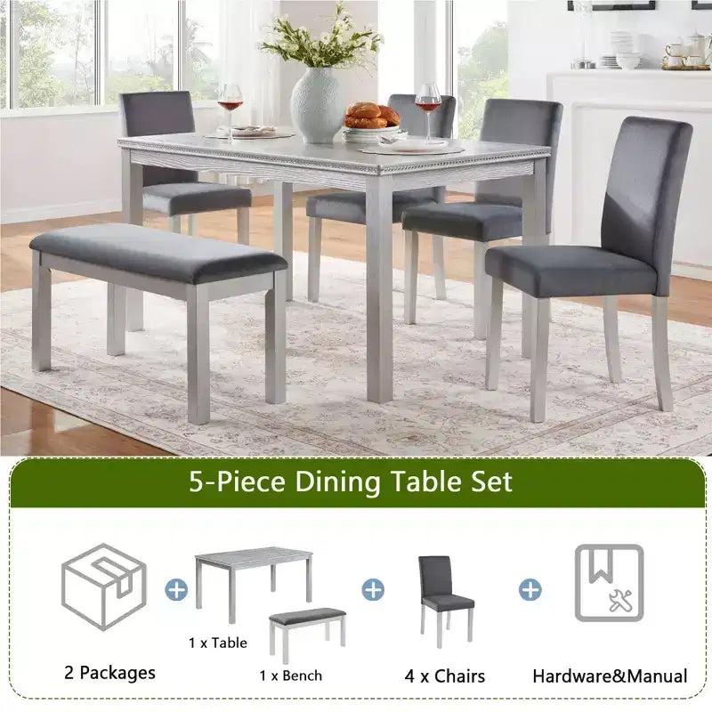 Tavolo da pranzo in legno 6 pezzi con 4 sedie imbottite e panca per 6 persone, set tavolo da pranzo rettangolare con decorazioni in cristallo