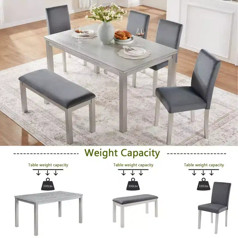 Tavolo da pranzo in legno 6 pezzi con 4 sedie imbottite e panca per 6 persone, set tavolo da pranzo rettangolare con decorazioni in cristallo