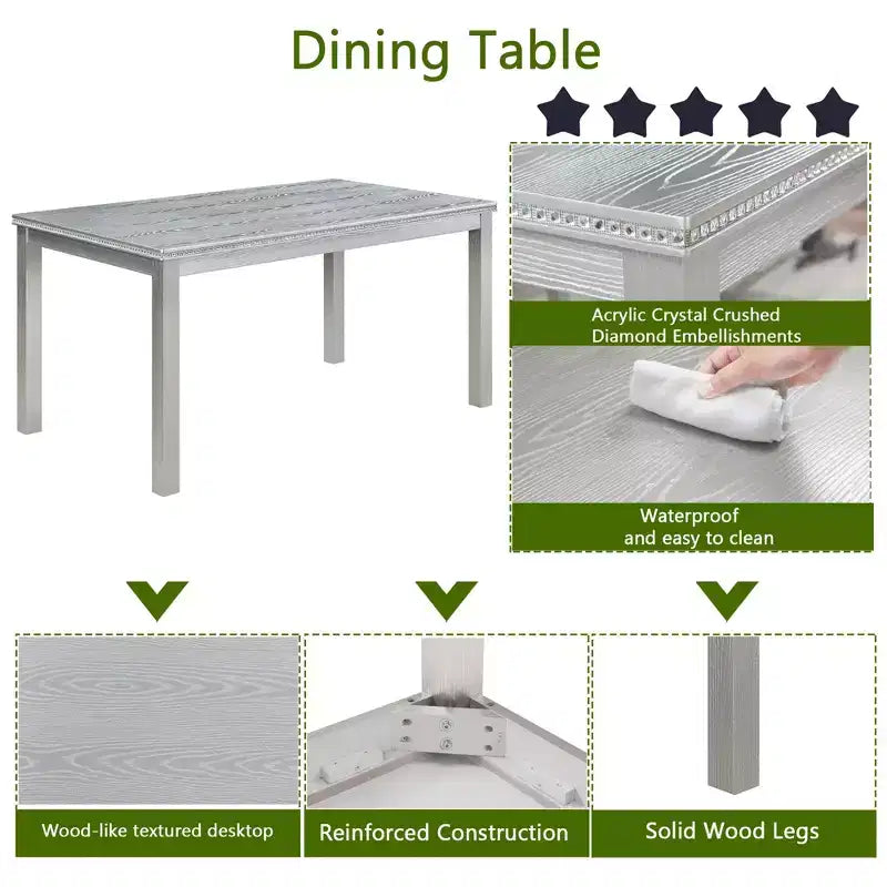 Tavolo da pranzo in legno 6 pezzi con 4 sedie imbottite e panca per 6 persone, set tavolo da pranzo rettangolare con decorazioni in cristallo
