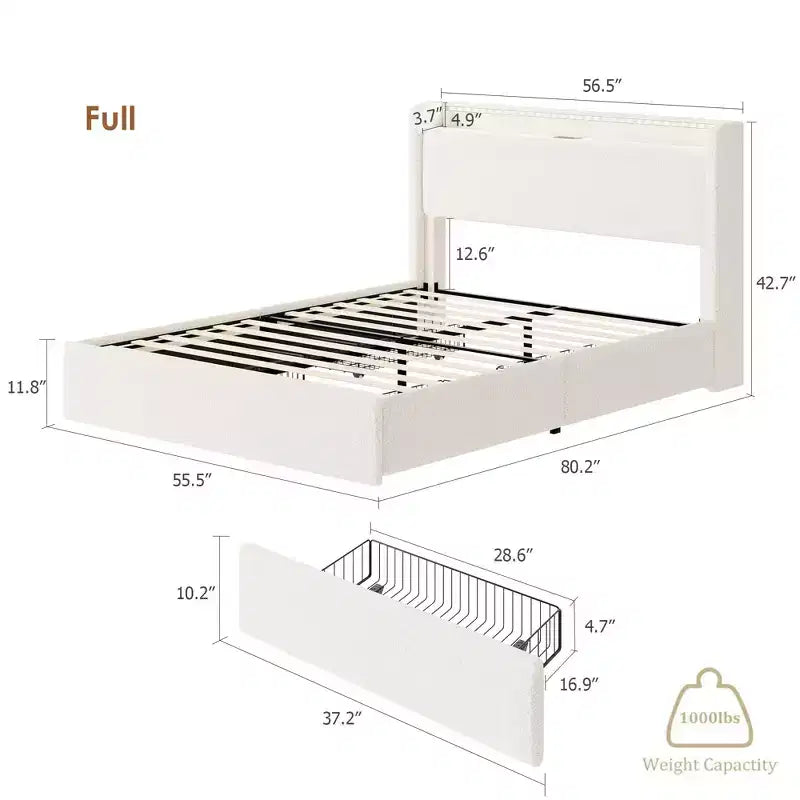 Struttura letto Whizmax Boucle – Testiera a LED e stazione di ricarica, 4 cassetti contenitori, piattaforma con doghe in legno, senza rete a molle, crema