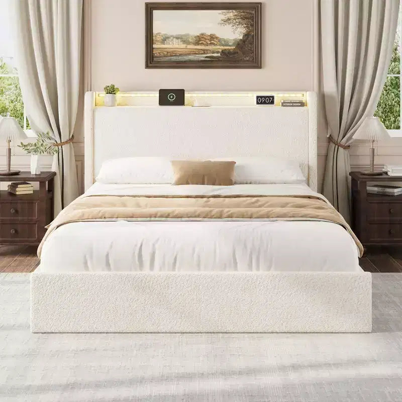 Struttura letto Whizmax Boucle – Testiera a LED e stazione di ricarica, 4 cassetti contenitori, piattaforma con doghe in legno, senza rete a molle, crema