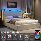 Struttura letto Whizmax Boucle – Testiera a LED e stazione di ricarica, 4 cassetti contenitori, piattaforma con doghe in legno, senza rete a molle, crema
