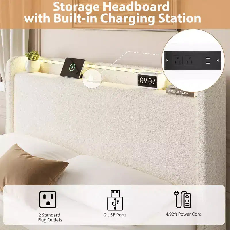 Struttura letto Whizmax Boucle – Testiera a LED e stazione di ricarica, 4 cassetti contenitori, piattaforma con doghe in legno, senza rete a molle, crema