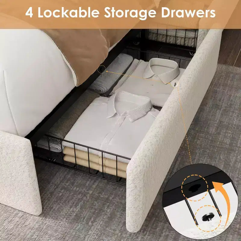 Struttura letto Whizmax Boucle – Testiera a LED e stazione di ricarica, 4 cassetti contenitori, piattaforma con doghe in legno, senza rete a molle, crema
