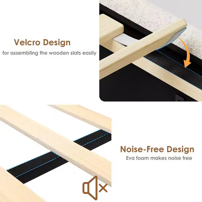 Struttura letto Whizmax Boucle – Testiera a LED e stazione di ricarica, 4 cassetti contenitori, piattaforma con doghe in legno, senza rete a molle, crema