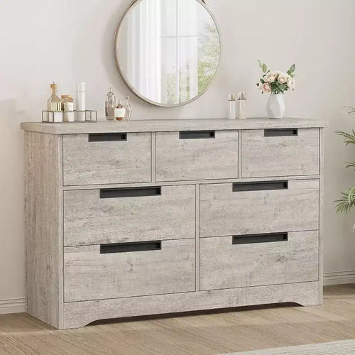 7-Drawer Dresser for Bedroom, Modern Gray Chest with Recessed Handles, Wooden Storage Organizer for Living Room, Nursery, Hallway, or Entryway