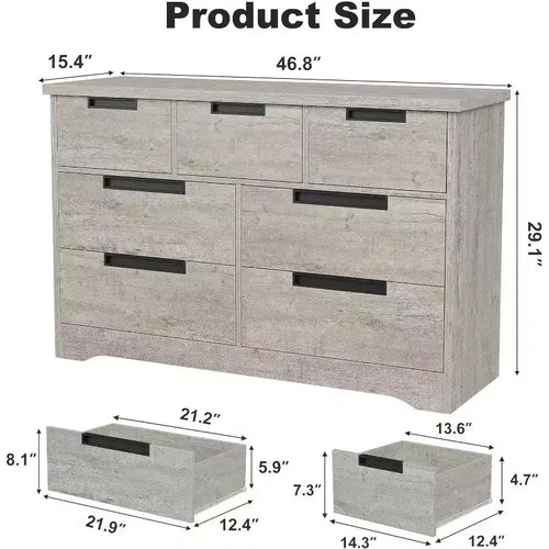 Cassettiera a 7 cassetti per camera da letto, Comò moderno grigio con maniglie incassate, Organizzatore in legno per soggiorno, cameretta, corridoio o ingresso