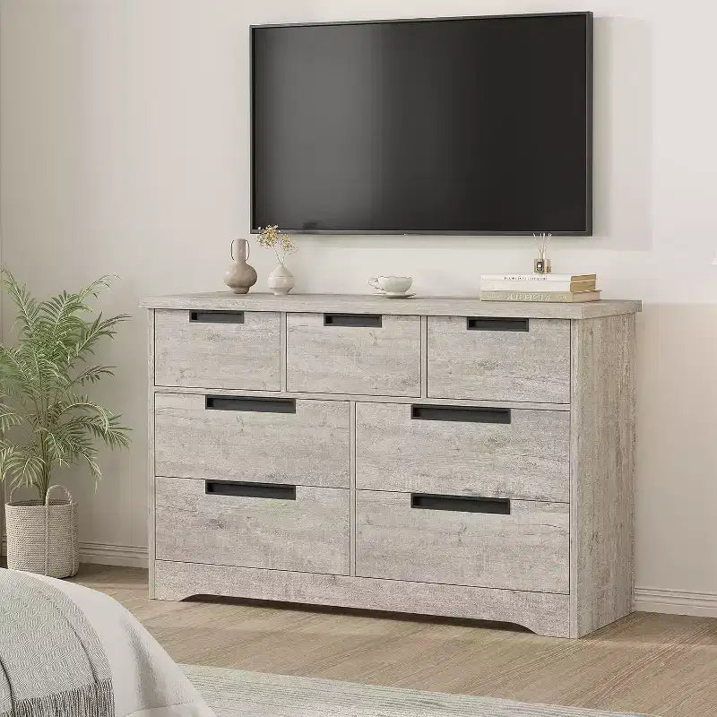 Cassettiera a 7 cassetti per camera da letto, Comò moderno grigio con maniglie incassate, Organizzatore in legno per soggiorno, cameretta, corridoio o ingresso