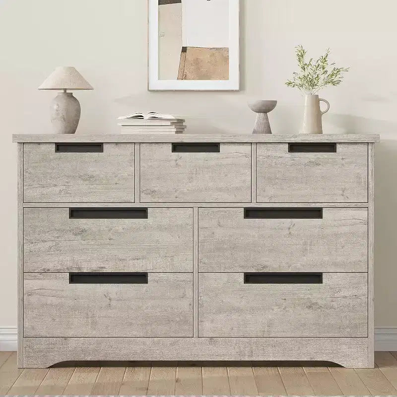 Cassettiera a 7 cassetti per camera da letto, Comò moderno grigio con maniglie incassate, Organizzatore in legno per soggiorno, cameretta, corridoio o ingresso