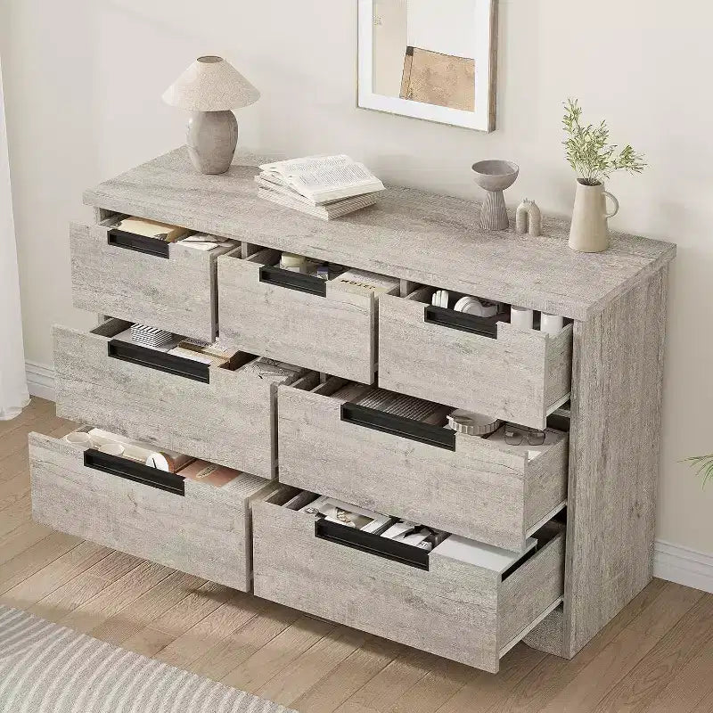 Cassettiera a 7 cassetti per camera da letto, Comò moderno grigio con maniglie incassate, Organizzatore in legno per soggiorno, cameretta, corridoio o ingresso