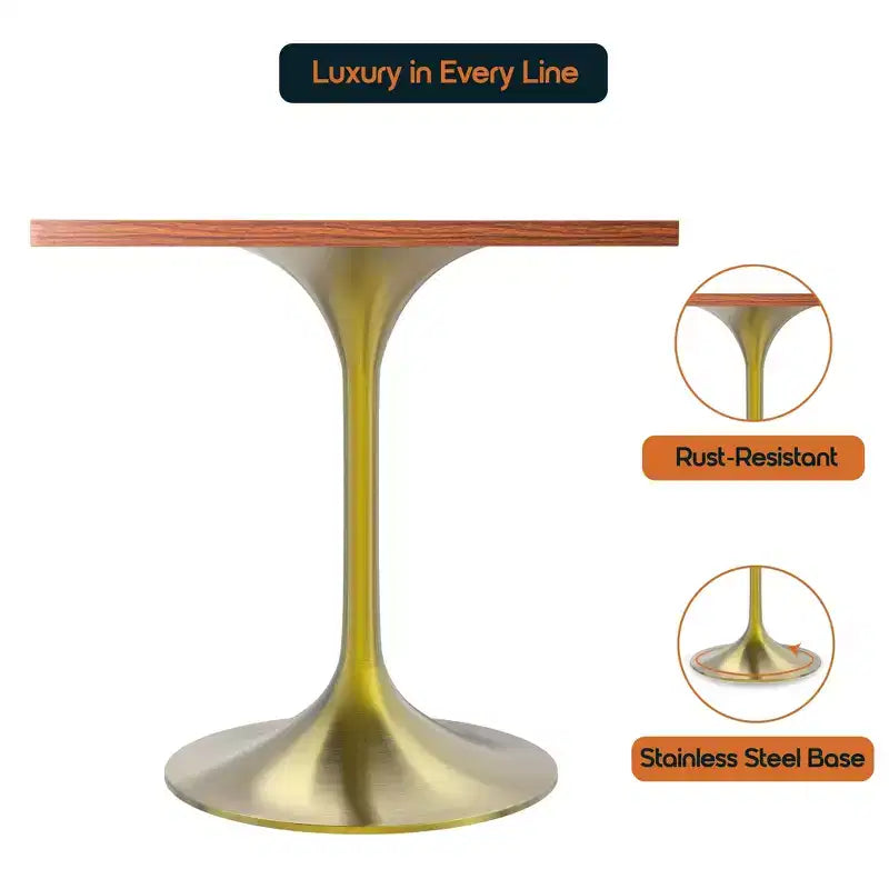 LeisureMod Verve Tavolo da pranzo quadrato da 24 pollici - Top moderno in MDF con base a piedistallo in oro spazzolato Tavolo da caffè d'accento per cucina, casa e caffè