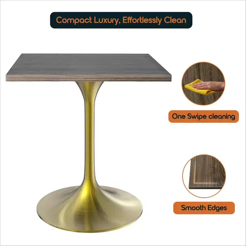 LeisureMod Verve Tavolo da pranzo quadrato da 24 pollici - Top moderno in MDF con base a piedistallo in oro spazzolato Tavolo da caffè d'accento per cucina, casa e caffè