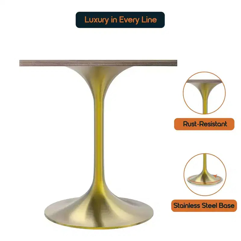 LeisureMod Verve Tavolo da pranzo quadrato da 24 pollici - Top moderno in MDF con base a piedistallo in oro spazzolato Tavolo da caffè d'accento per cucina, casa e caffè