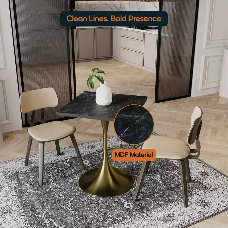 LeisureMod Verve Tavolo da pranzo quadrato da 24 pollici - Top moderno in MDF con base a piedistallo in oro spazzolato Tavolo da caffè d'accento per cucina, casa e caffè