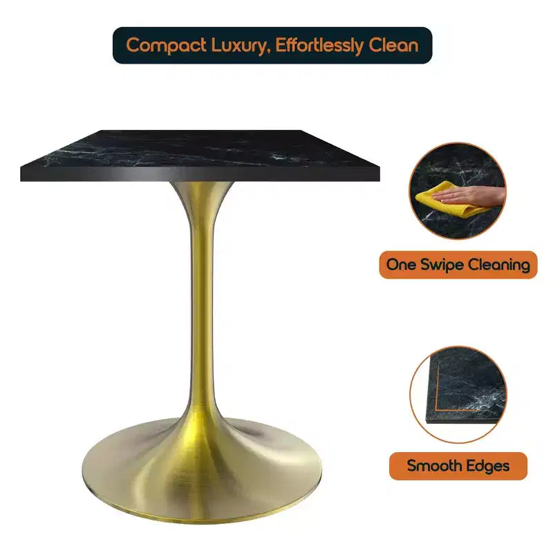 LeisureMod Verve Tavolo da pranzo quadrato da 24 pollici - Top moderno in MDF con base a piedistallo in oro spazzolato Tavolo da caffè d'accento per cucina, casa e caffè