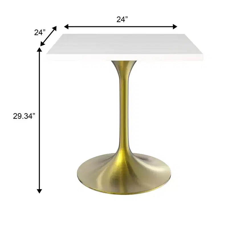 LeisureMod Verve Tavolo da pranzo quadrato da 24 pollici - Top moderno in MDF con base a piedistallo in oro spazzolato Tavolo da caffè d'accento per cucina, casa e caffè