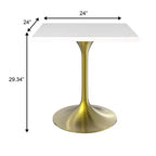 LeisureMod Verve Tavolo da pranzo quadrato da 24 pollici - Top moderno in MDF con base a piedistallo in oro spazzolato Tavolo da caffè d'accento per cucina, casa e caffè