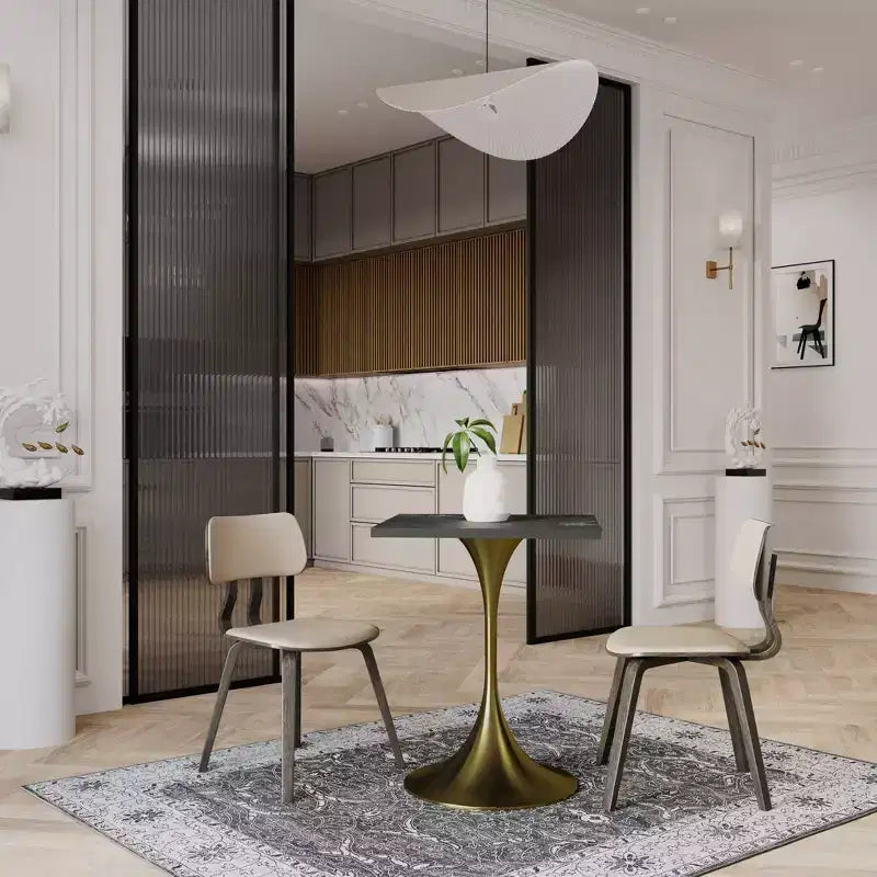 LeisureMod Verve Tavolo da pranzo quadrato da 24 pollici - Top moderno in MDF con base a piedistallo in oro spazzolato Tavolo da caffè d'accento per cucina, casa e caffè