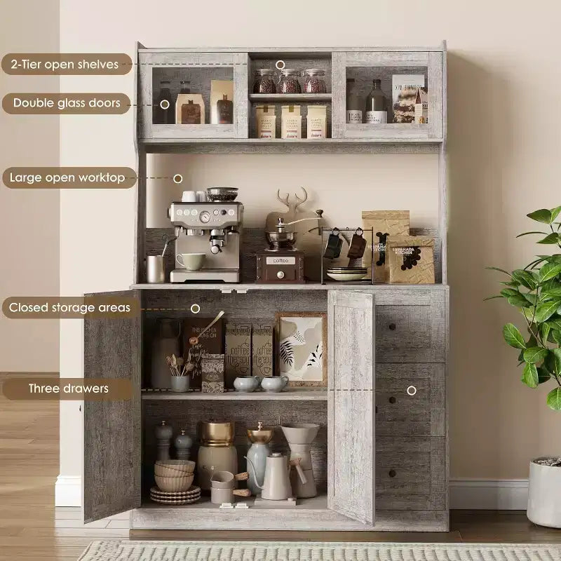 Mobile dispensa da cucina da 66 pollici con contenitore, armadio alto, ripiani regolabili, 3 cassetti, mobile contenitore in legno