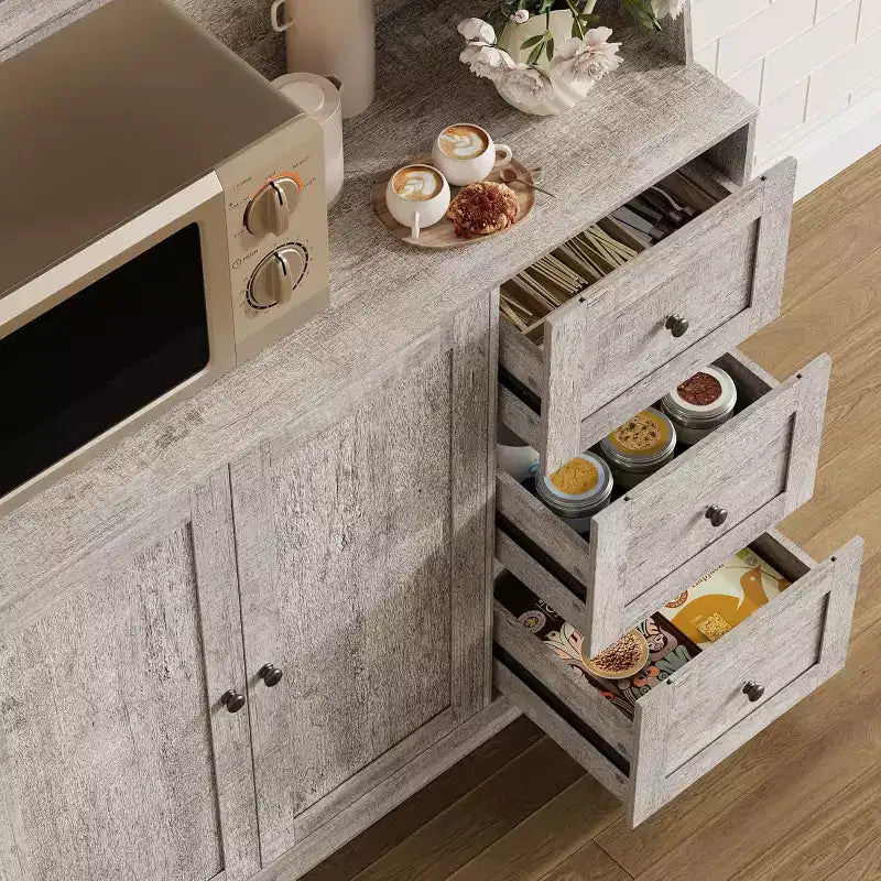 Mobile dispensa da cucina da 66 pollici con contenitore, armadio alto, ripiani regolabili, 3 cassetti, mobile contenitore in legno