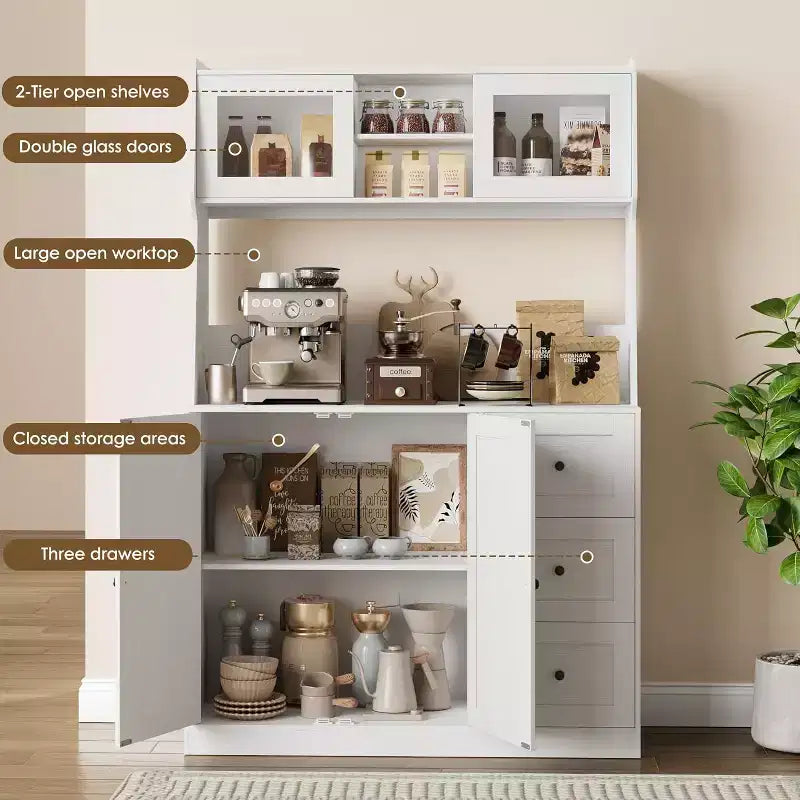 Mobile dispensa da cucina da 66 pollici con contenitore, armadio alto, ripiani regolabili, 3 cassetti, mobile contenitore in legno