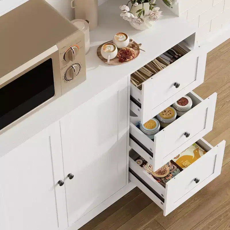 Mobile dispensa da cucina da 66 pollici con contenitore, armadio alto, ripiani regolabili, 3 cassetti, mobile contenitore in legno