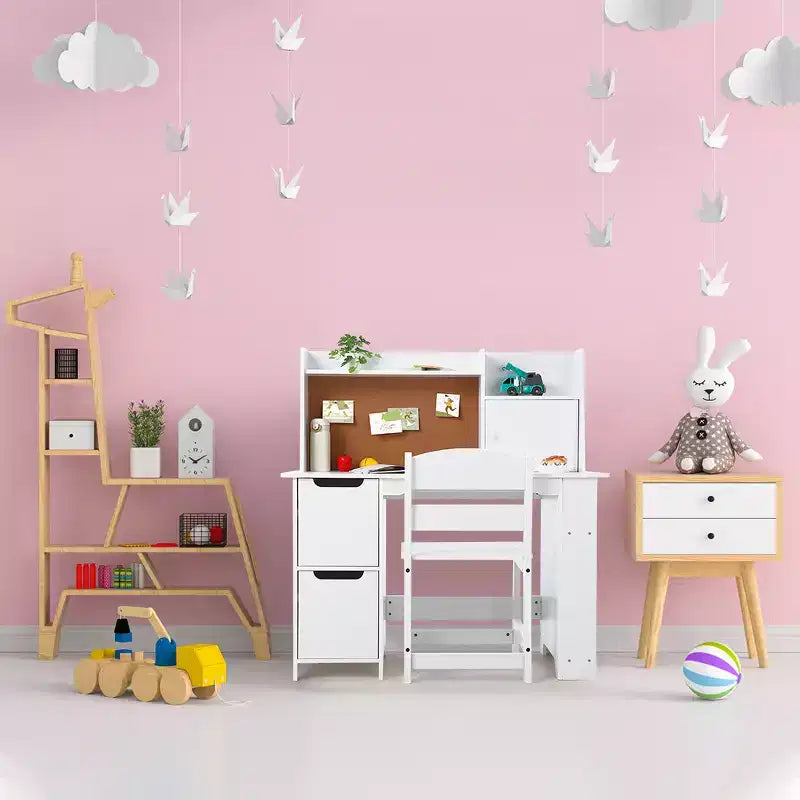 Set Scrivania e Sedia in Legno per Bambini con Ripiano Portaoggetti e Bacheca - Scrivania da Studio Bianca, Resistente per Bambini dai 3 Anni in su