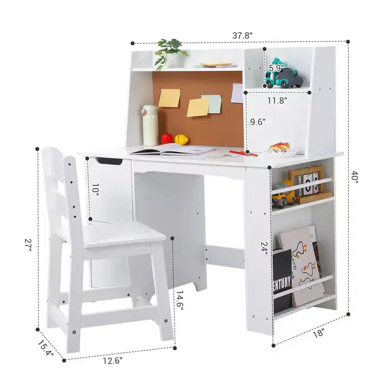 Set Scrivania e Sedia in Legno per Bambini con Ripiano Portaoggetti e Bacheca - Scrivania da Studio Bianca, Resistente per Bambini dai 3 Anni in su