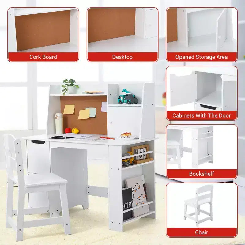 Set Scrivania e Sedia in Legno per Bambini con Ripiano Portaoggetti e Bacheca - Scrivania da Studio Bianca, Resistente per Bambini dai 3 Anni in su