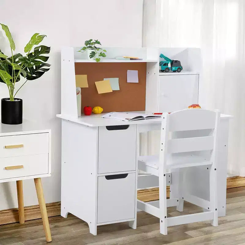 Set Scrivania e Sedia in Legno per Bambini con Ripiano Portaoggetti e Bacheca - Scrivania da Studio Bianca, Resistente per Bambini dai 3 Anni in su