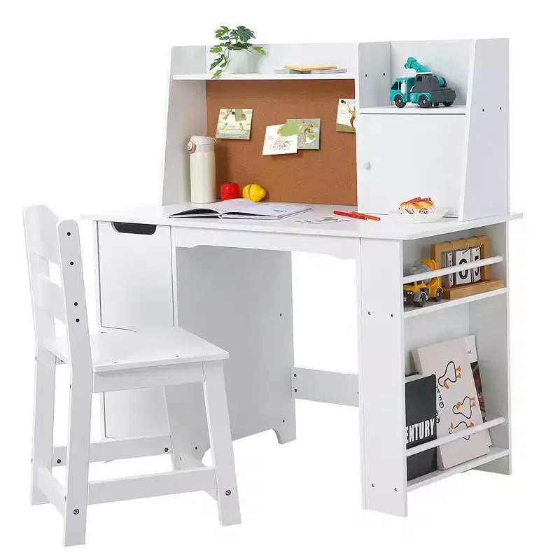 Set Scrivania e Sedia in Legno per Bambini con Ripiano Portaoggetti e Bacheca - Scrivania da Studio Bianca, Resistente per Bambini dai 3 Anni in su
