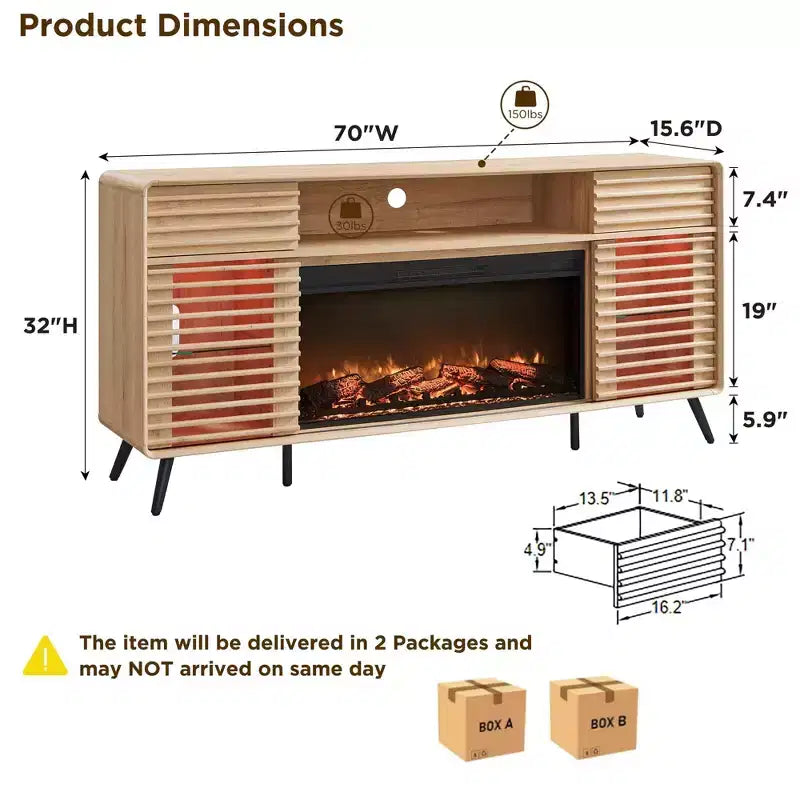 SinCiDo 70 Mobile TV con Caminetto, per TV da 80 pollici, con Camino Elettrico da 36 pollici, Telecomando, Fiamme 3D e Luci LED, Ante Scorrevoli a Doghe, Cassetti