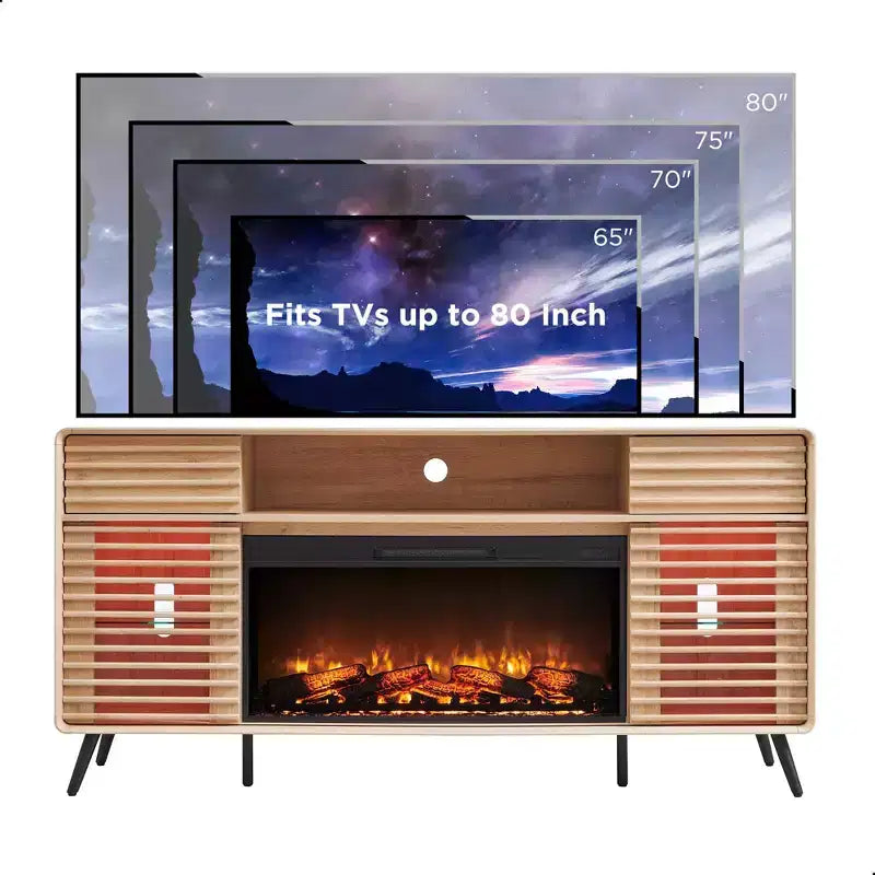 SinCiDo 70 Mobile TV con Caminetto, per TV da 80 pollici, con Camino Elettrico da 36 pollici, Telecomando, Fiamme 3D e Luci LED, Ante Scorrevoli a Doghe, Cassetti