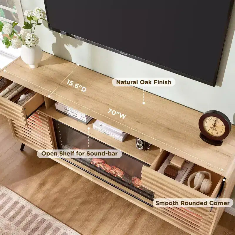 SinCiDo 70 Mobile TV con Caminetto, per TV da 80 pollici, con Camino Elettrico da 36 pollici, Telecomando, Fiamme 3D e Luci LED, Ante Scorrevoli a Doghe, Cassetti