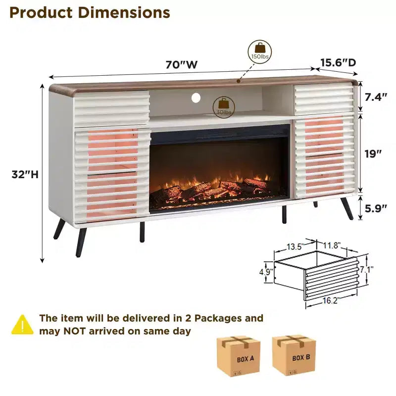 SinCiDo 70 Mobile TV con Caminetto, per TV da 80 pollici, con Camino Elettrico da 36 pollici, Telecomando, Fiamme 3D e Luci LED, Ante Scorrevoli a Doghe, Cassetti