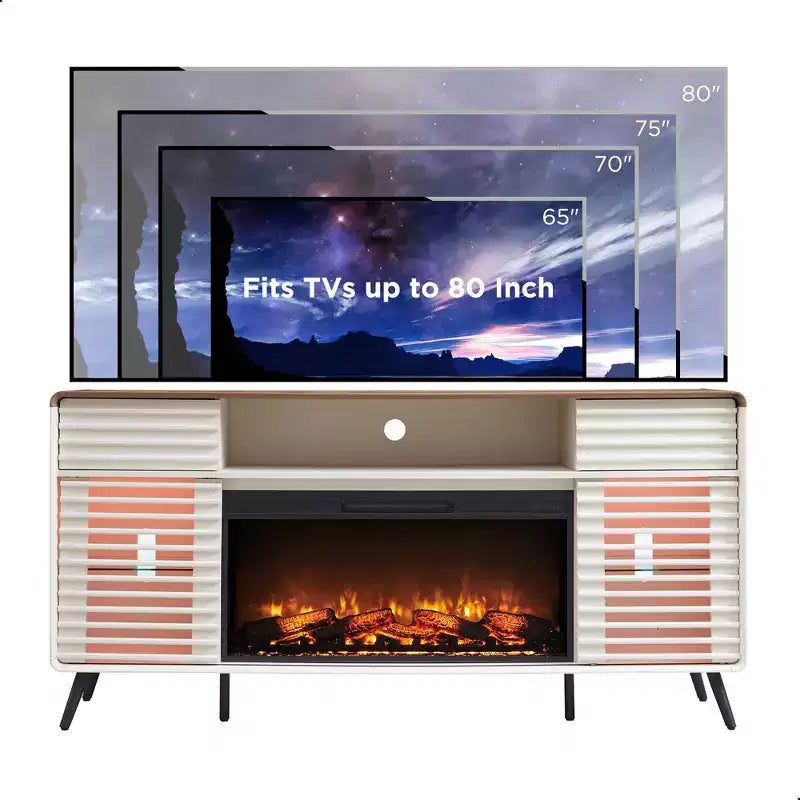 SinCiDo 70 Mobile TV con Caminetto, per TV da 80 pollici, con Camino Elettrico da 36 pollici, Telecomando, Fiamme 3D e Luci LED, Ante Scorrevoli a Doghe, Cassetti