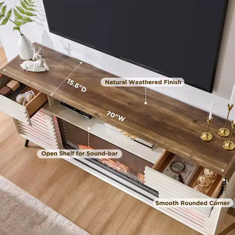 SinCiDo 70 Mobile TV con Caminetto, per TV da 80 pollici, con Camino Elettrico da 36 pollici, Telecomando, Fiamme 3D e Luci LED, Ante Scorrevoli a Doghe, Cassetti