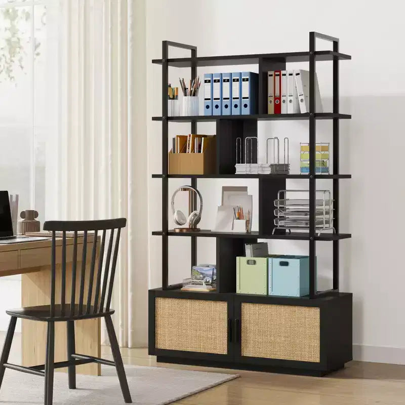 Libreria a 5 ripiani in Rattan con vani a giorno e contenitore, alta 180,6 cm - Scaffale Industriale con Struttura in Metallo per Soggiorno, Camera da letto