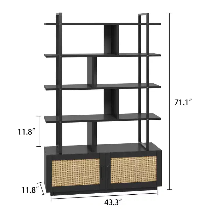 Libreria a 5 ripiani in Rattan con vani a giorno e contenitore, alta 180,6 cm - Scaffale Industriale con Struttura in Metallo per Soggiorno, Camera da letto