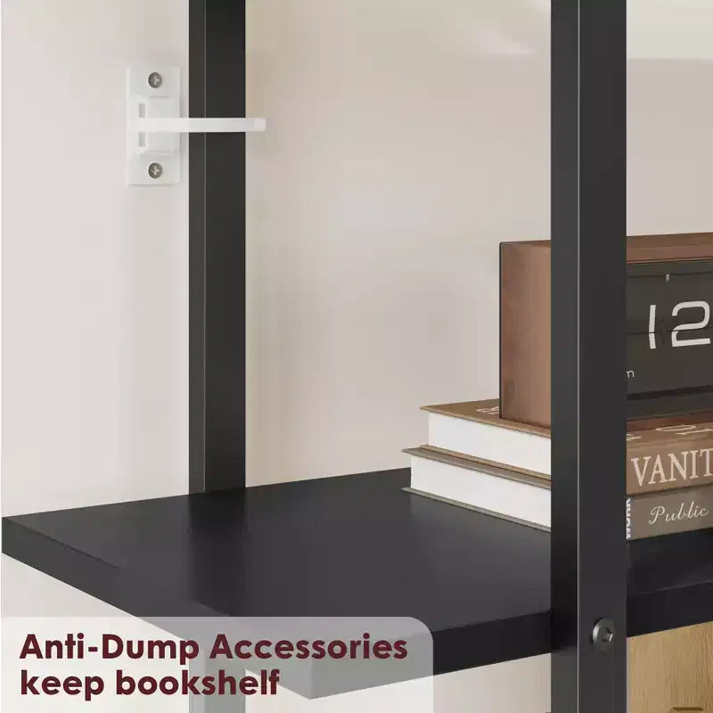 Libreria a 5 ripiani in Rattan con vani a giorno e contenitore, alta 180,6 cm - Scaffale Industriale con Struttura in Metallo per Soggiorno, Camera da letto
