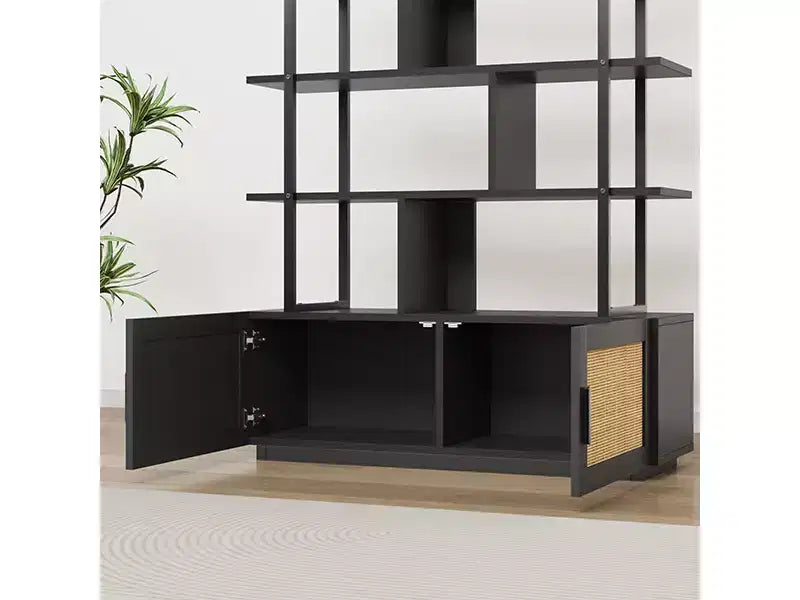 Libreria a 5 ripiani in Rattan con vani a giorno e contenitore, alta 180,6 cm - Scaffale Industriale con Struttura in Metallo per Soggiorno, Camera da letto