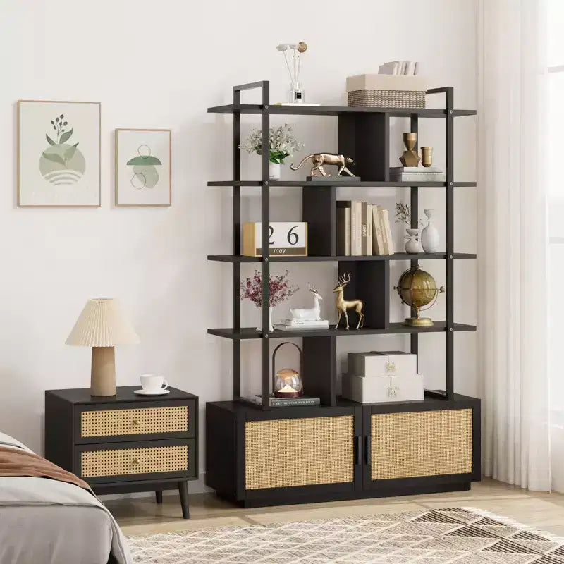 Libreria a 5 ripiani in Rattan con vani a giorno e contenitore, alta 180,6 cm - Scaffale Industriale con Struttura in Metallo per Soggiorno, Camera da letto