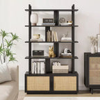 Libreria a 5 ripiani in Rattan con vani a giorno e contenitore, alta 180,6 cm - Scaffale Industriale con Struttura in Metallo per Soggiorno, Camera da letto