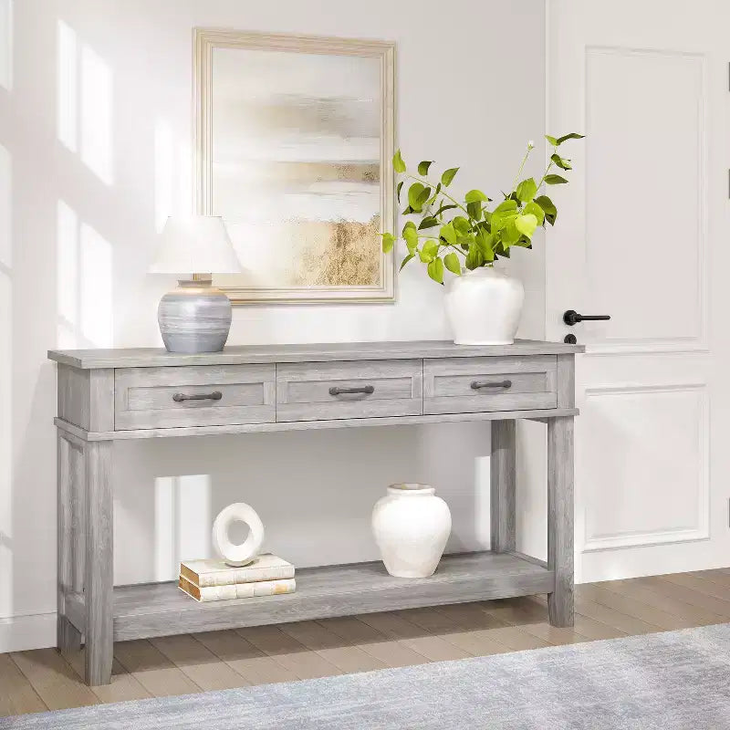 Tavolo d'ingresso, Tavolo consolle con cassetti portaoggetti, Tavolo da divano in legno stile rustico a 3 ripiani, Tavolo da corridoio per ingresso, Salotto