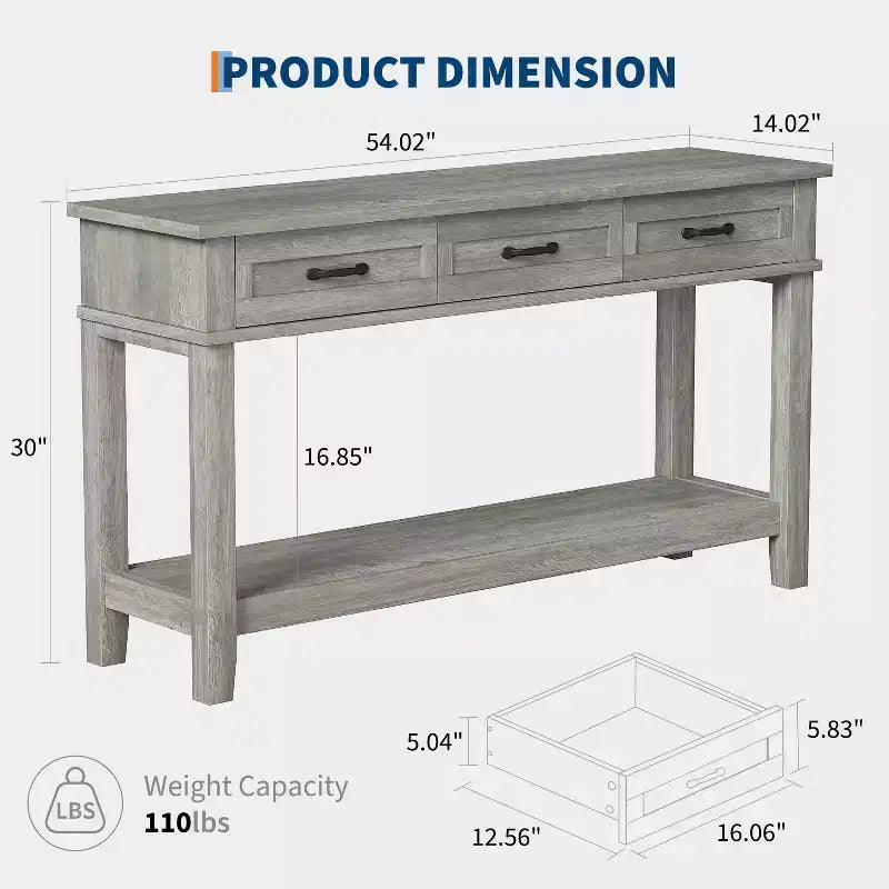 Tavolo d'ingresso, Tavolo consolle con cassetti portaoggetti, Tavolo da divano in legno stile rustico a 3 ripiani, Tavolo da corridoio per ingresso, Salotto