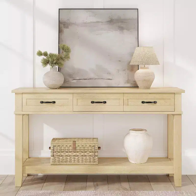 Tavolo d'ingresso, Tavolo consolle con cassetti portaoggetti, Tavolo da divano in legno stile rustico a 3 ripiani, Tavolo da corridoio per ingresso, Salotto