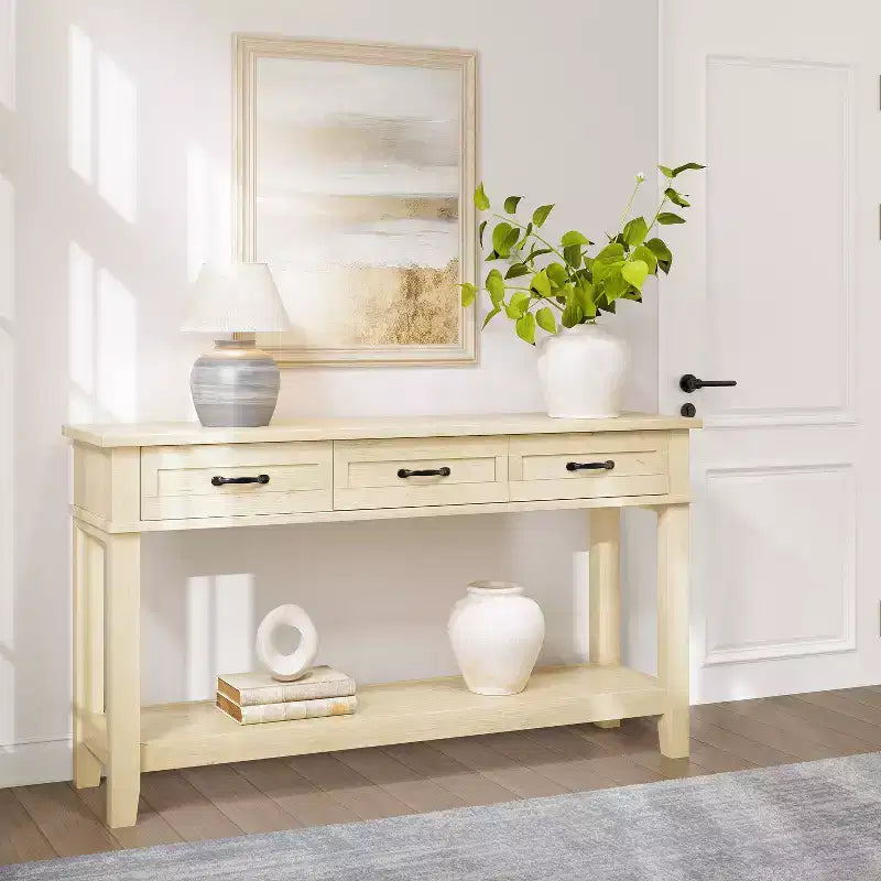 Tavolo d'ingresso, Tavolo consolle con cassetti portaoggetti, Tavolo da divano in legno stile rustico a 3 ripiani, Tavolo da corridoio per ingresso, Salotto